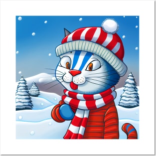 Christmas Cat in Winter Scenery Posters and Art